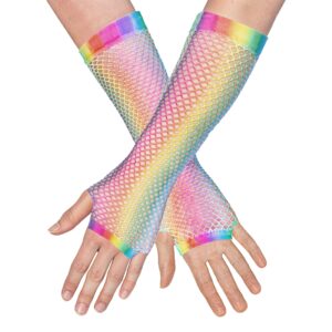 80-tals UV Fingerlösa Näthandskar Långa Regnbåge Neon - One size