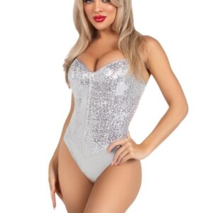 Sequin Boned Bodysuit Silver
